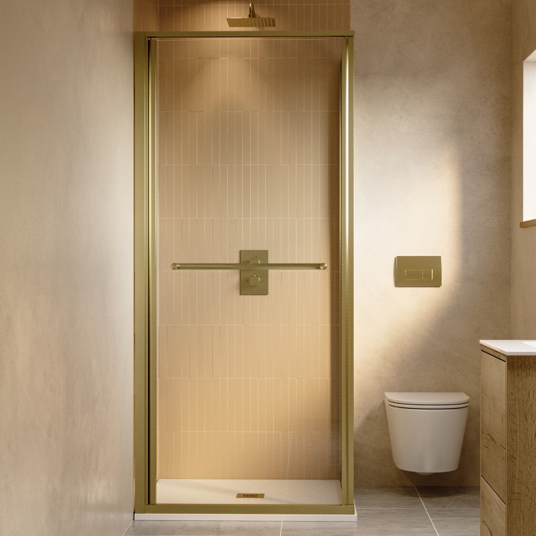 900x900mm Brushed Brass Infold Sliding Shower Enclosure 6mm Glass and Low Profile Shower Tray - Apollo