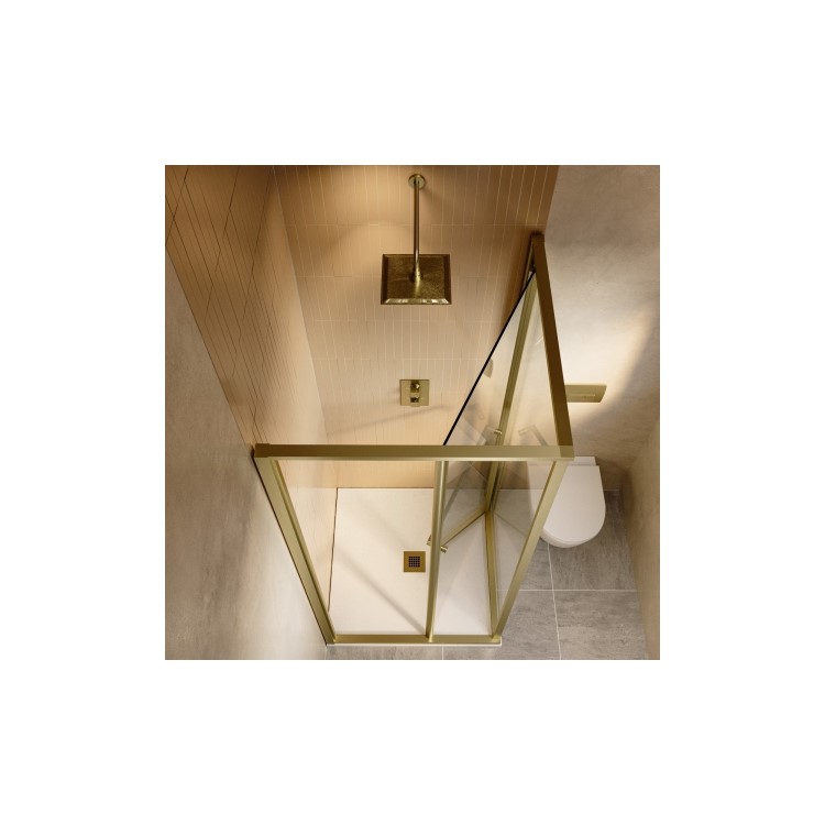 900x900mm Brushed Brass Square Sliding In-fold Shower Enclosure 6mm Glass and Low Profile Shower Tray - Apollo