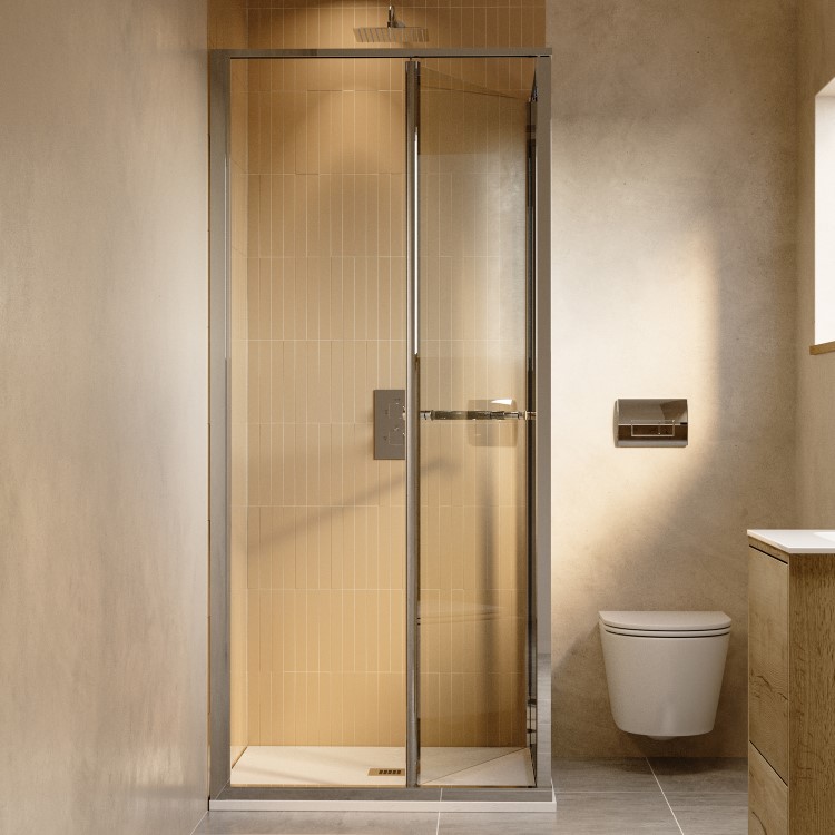 800x800mm Chrome In-Fold Sliding Shower Enclosure 6mm Glass and Low Profile Shower Tray - Apollo