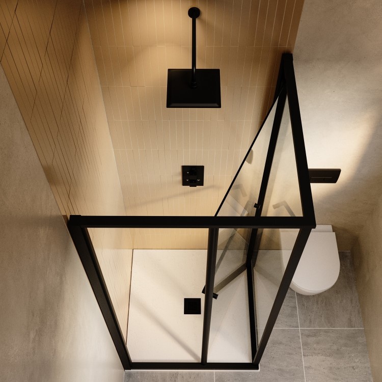 800x800mm Black In-Fold Sliding Shower Enclosure 6mm Glass and Low Profile Shower Tray - Apollo