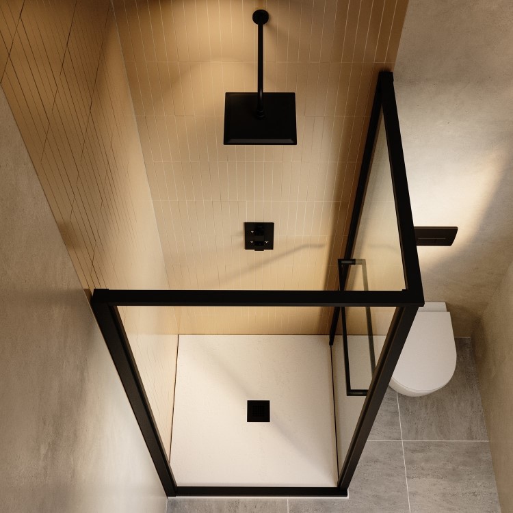 900x900mm Black In-Fold Sliding Shower Enclosure 6mm Glass and Low Profile Shower Tray  - Apollo