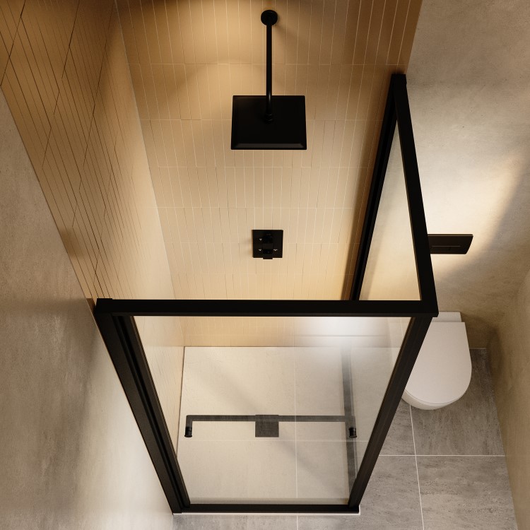 900x900mm Black In-Fold Sliding Shower Enclosure 6mm Glass and Low Profile Shower Tray  - Apollo