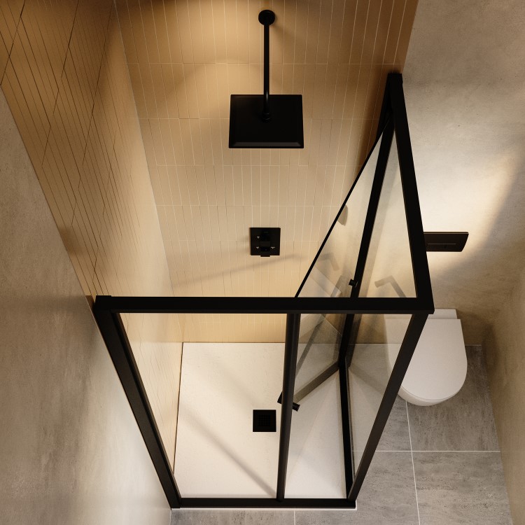 900x900mm Black In-Fold Sliding Shower Enclosure 6mm Glass and Low Profile Shower Tray  - Apollo
