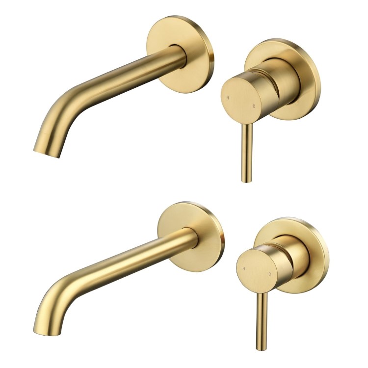 Brushed brass wall mounted basin tap and wall mounted bath filler tap pack - Arissa