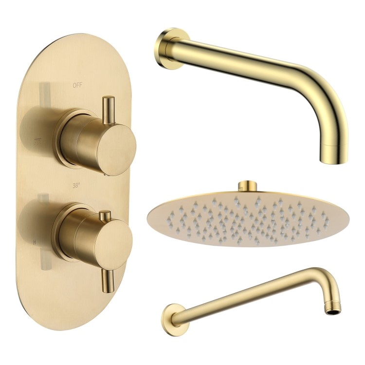 Brushed Brass 2 Outlet Thermostatic Bath Mixer Shower Set With 250mm Wall Mounted Shower Head and Bath Filler Spout - Arissa