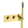 Brushed Brass 2 Outlet Wall Mounted Thermostatic Bath Mixer Shower Set With Hand Shower & Bath Filler Spout - Arissa