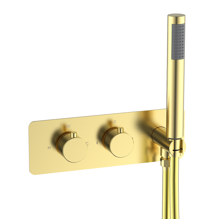 Brushed Brass 2 Outlet Wall Mounted Thermostatic Bath Mixer Shower Set With Hand Shower & Bath Filler Spout - Arissa