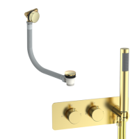 Brushed Brass 2 Outlet Thermostatic Mixer Shower Set with Overflow Bath Filler and Integrated Hand Shower - Arissa