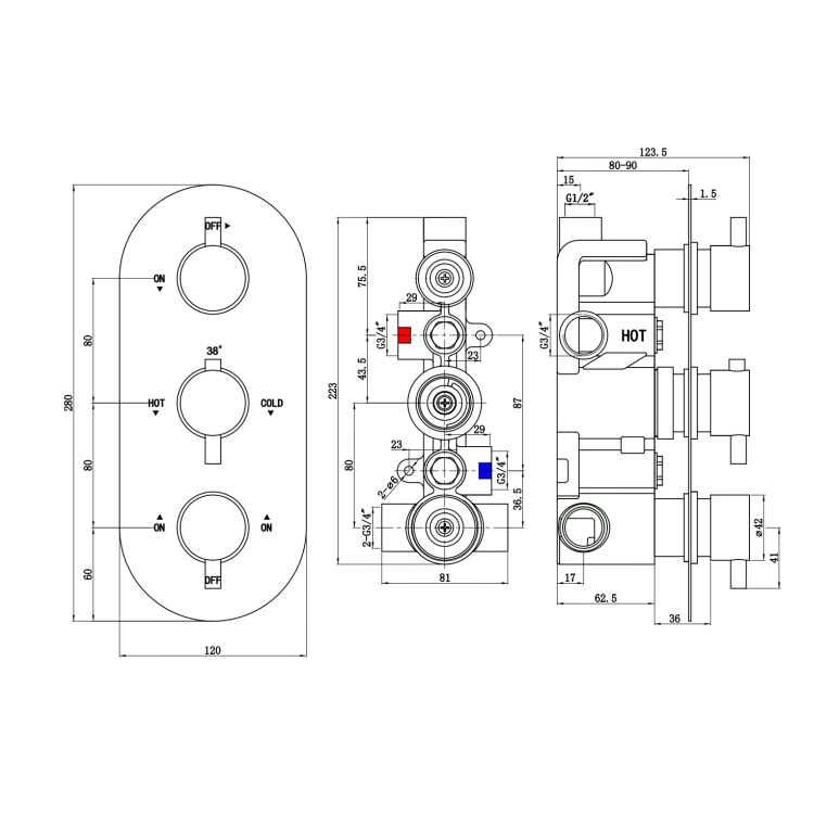 Brushed Brass 3 Outlet Triple Handle Thermostatic Concealed Shower Valve - Arissa