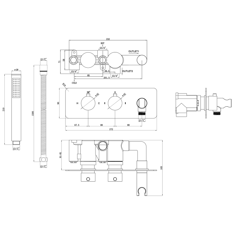 Brushed Bronze 2 Outlet Thermostatic Mixer Shower Set with Hand Shower & Overhead Shower  – Arissa