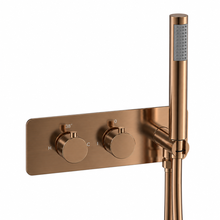 Brushed Bronze 2 Outlet Wall Mounted Thermostatic Mixer Shower Set with Integrated Hand Shower - Arissa