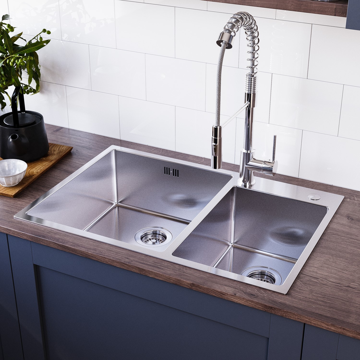 1.5 Bowl Stainless Steel Inset Kitchen Sink Pull Out Mixer Tap Set