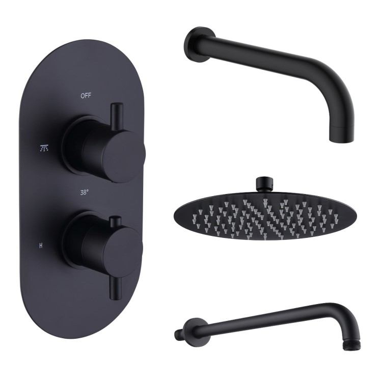 Black 2 Outlet Thermostatic Bath Mixer Shower Set With 250mm Wall Mounted Shower Head and Bath Filler Spout - Arissa