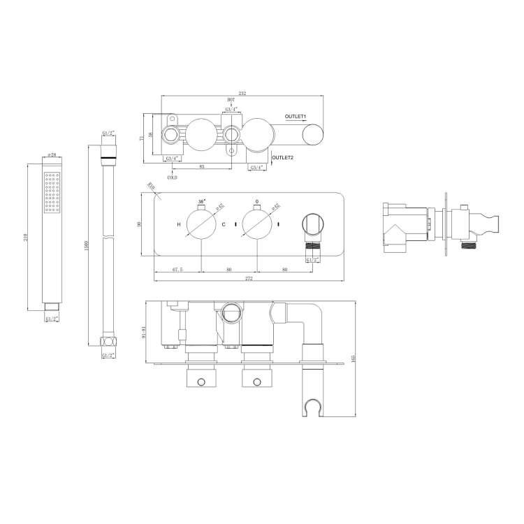 Black 2 Outlet Thermostatic Bath Mixer Shower Set With Hand Shower and Bath Filler Spout - Arissa