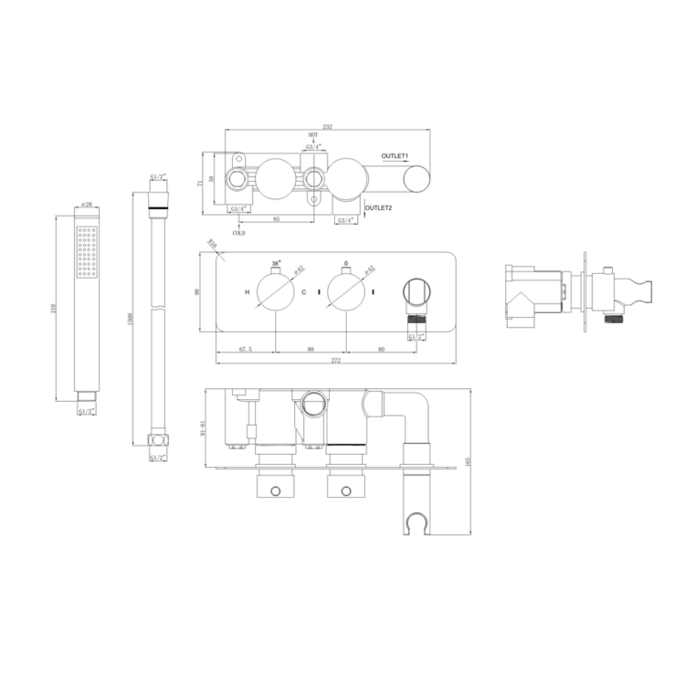 Black 2 Outlet Thermostatic Mixer Shower Set with Overflow Bath Filler - Arissa