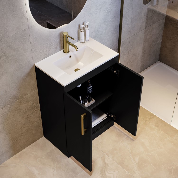 600mm Black Freestanding Vanity Unit with Basin and Brass Handles - Ashford