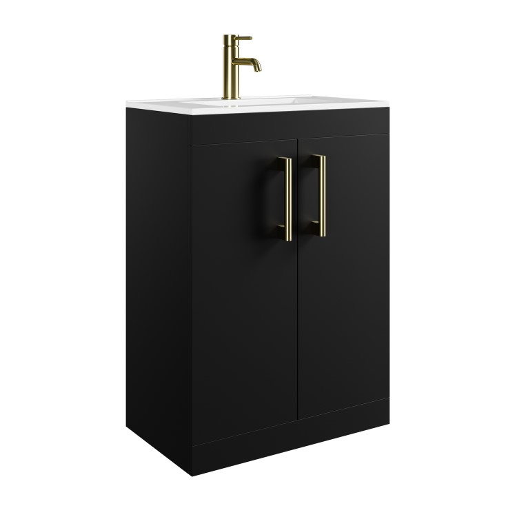 600mm Black Freestanding Vanity Unit with Basin and Brass Handles - Ashford