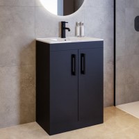 600mm Black Freestanding Vanity Unit with Basin and Black Handles - Ashford