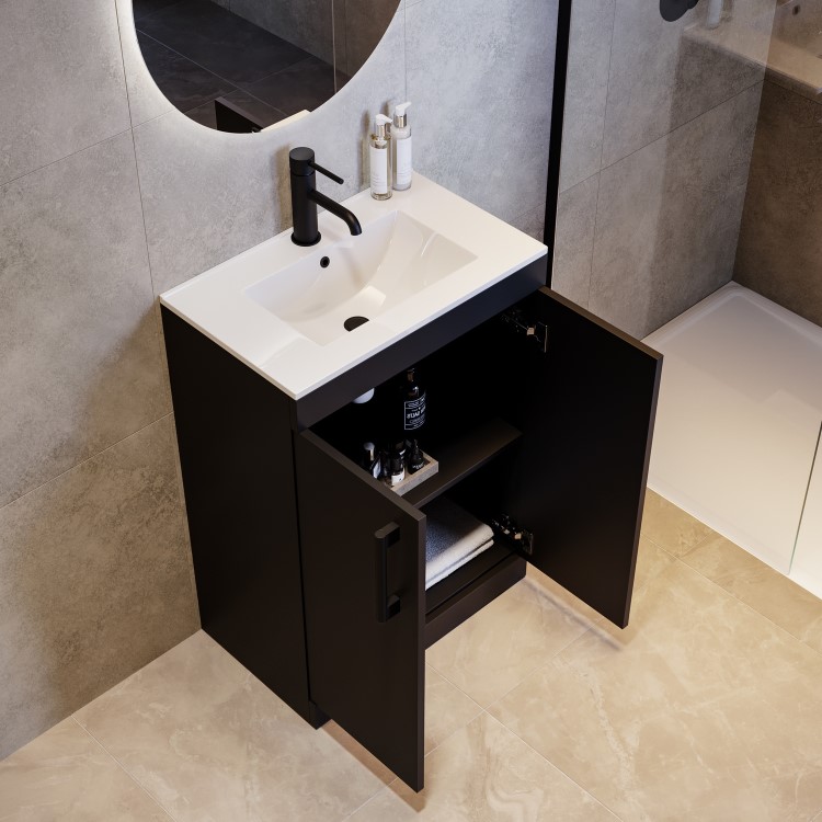 600mm Black Freestanding Vanity Unit with Basin and Black Handles - Ashford
