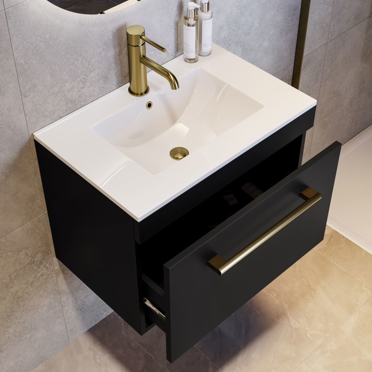 600mm Black Wall Hung Vanity Unit with Basin and Brass Handle - Ashford