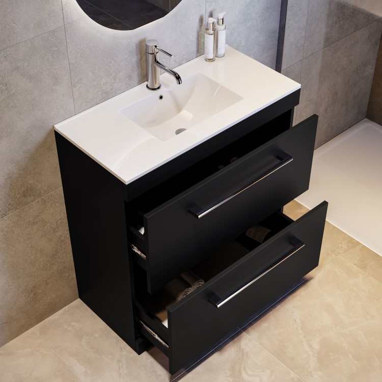 800mm Black Freestanding Vanity Unit with Basin and Chrome Handles - Ashford