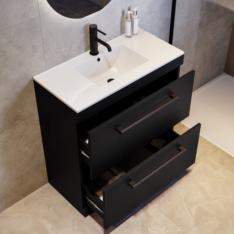 800mm Black Freestanding Vanity Unit with Basin and Black Handles - Ashford