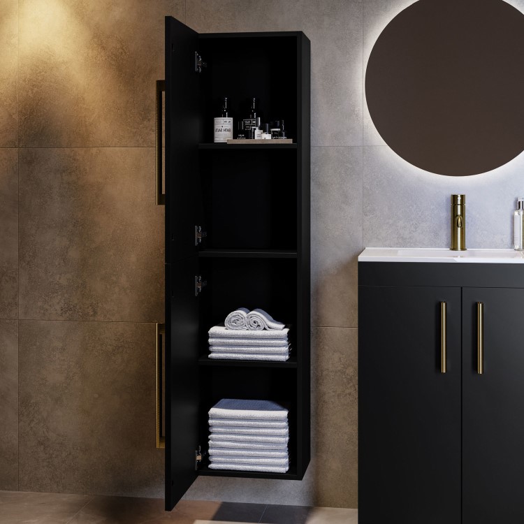 Double Door Black Wall Mounted Tall Bathroom Cabinet with Brass Handles 350 x 1400mm - Ashford