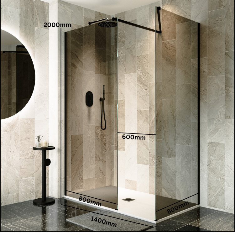 1400x800mm Black Smoked Glass Shower Enclosure for Wet Room & Walk In Shower - Atlas