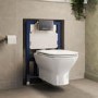 Wall Hung Rimless Toilet with Soft Close Seat, Chrome Pneumatic Flush Plate, 820mm Frame & Cistern – Palma