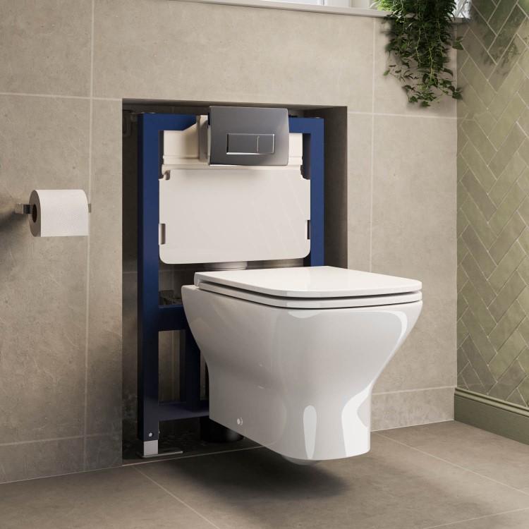 Wall Hung Rimless Toilet with Soft Close Seat, Chrome Pneumatic Flush Plate, 820mm Frame & Cistern – Palma