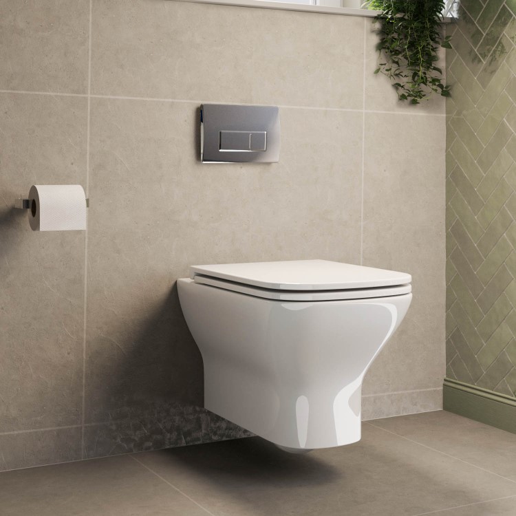 Wall Hung Rimless Toilet with Soft Close Seat, Chrome Pneumatic Flush Plate, 820mm Frame & Cistern – Palma