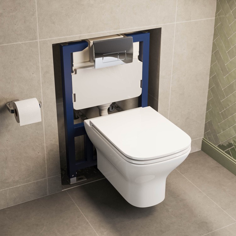 Wall Hung Rimless Toilet with Soft Close Seat, Chrome Pneumatic Flush Plate, 820mm Frame & Cistern – Palma
