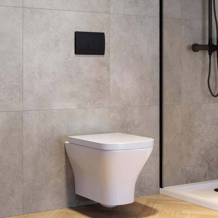 Wall Hung Rimless Toilet with Soft Close Seat, Matt Black Pneumatic Flush Plate, 1160mm Frame & Cistern - Austin