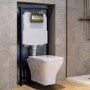 Wall Hung Rimless Toilet with Soft Close Seat, Brushed Brass Pneumatic Flush Plate, 1160mm Frame & Cistern - Austin