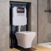 Wall Hung Rimless Toilet with Soft Close Seat, Brushed Bronze Pneumatic Flush Plate, 1160mm Frame & Cistern - Austin