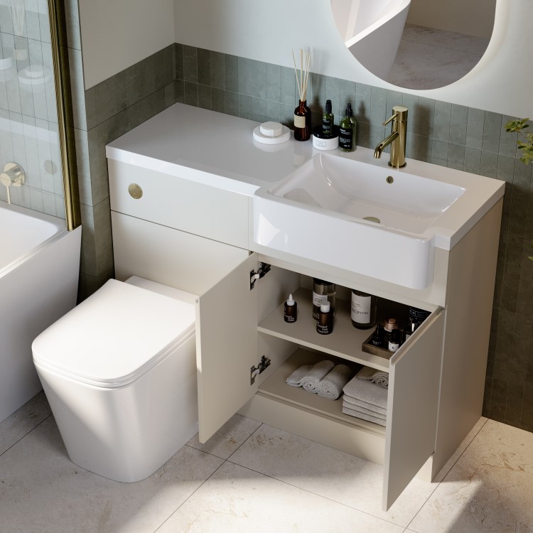 1100mm Beige Right Hand Toilet and Sink Unit with Square Toilet and Brass Fittings - Bali