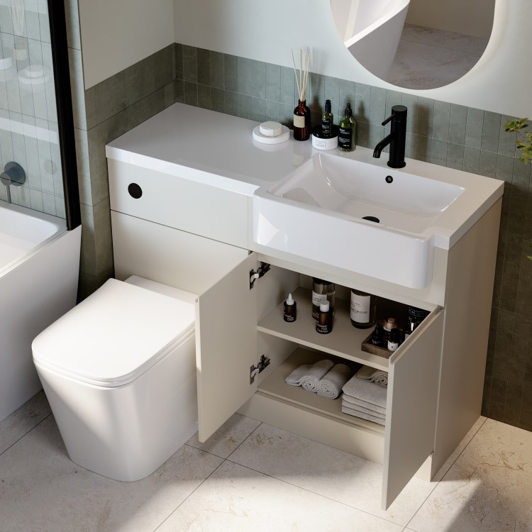 1100mm Beige Right Hand Toilet and Sink Unit with Square Toilet and Black Fittings - Bali