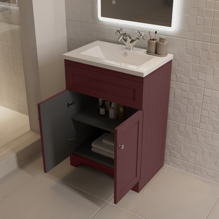 600mm Burgundy Freestanding Vanity Unit with Basin - Baxenden