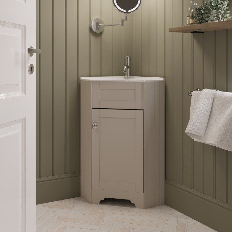 580mm Beige Corner Freestanding Cloakroom Vanity Unit with Basin - Baxenden