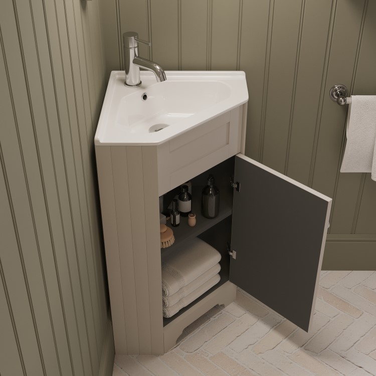 580mm Beige Corner Freestanding Cloakroom Vanity Unit with Basin - Baxenden