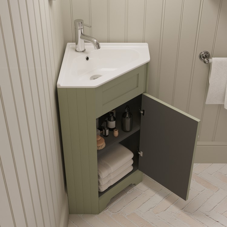 580mm Green Corner Freestanding Cloakroom Vanity Unit with Basin - Baxenden