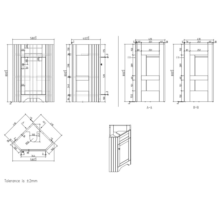 580mm Beige Corner Freestanding Cloakroom Vanity Unit with Basin - Baxenden