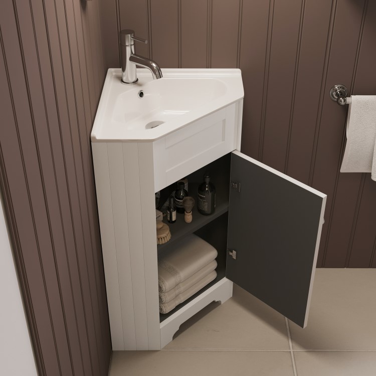 580mm White Corner Freestanding Cloakroom Vanity Unit with Basin - Baxenden