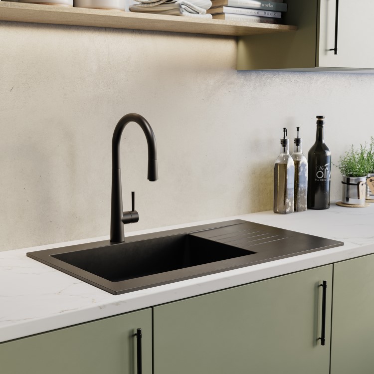 Single Bowl Black Composite Inset Kitchen Sink with Reversible Drainer & Black Single Lever Kitchen Mixer Tap - Essence
