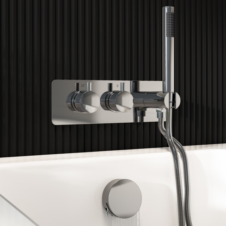Chrome 2 Outlet Thermostatic Mixer Shower Set with Overflow Bath Filler and Integrated Hand Shower - Arissa