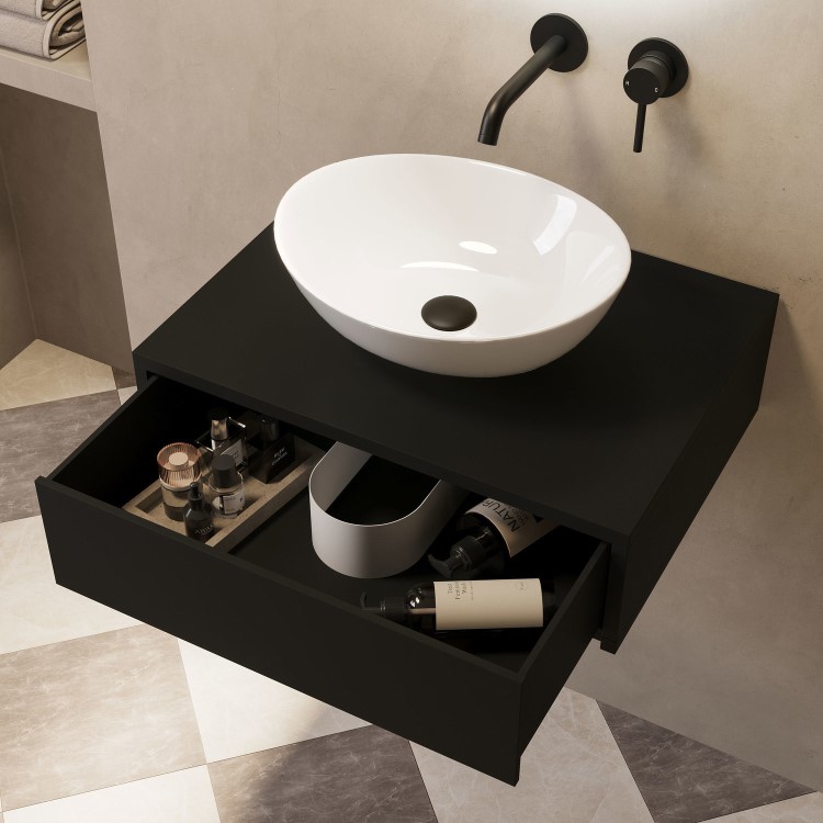 600mm Black Wall Hung Countertop Vanity Unit with Oval Basin - Lugo