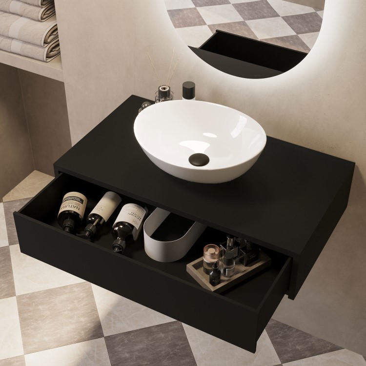 800mm Black Wall Hung Countertop Vanity Unit with Oval Basin - Lugo
