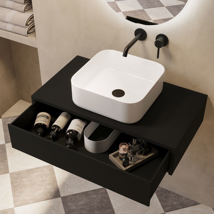800mm Black Wall Hung Countertop Vanity Unit with Curved Square Basin - Lugo