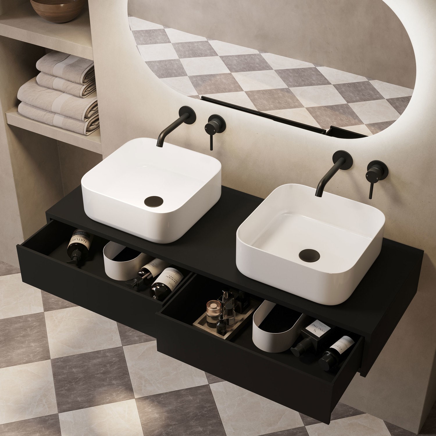 1200mm Black Wall Hung Countertop Vanity Unit with Curved Square Basin ...