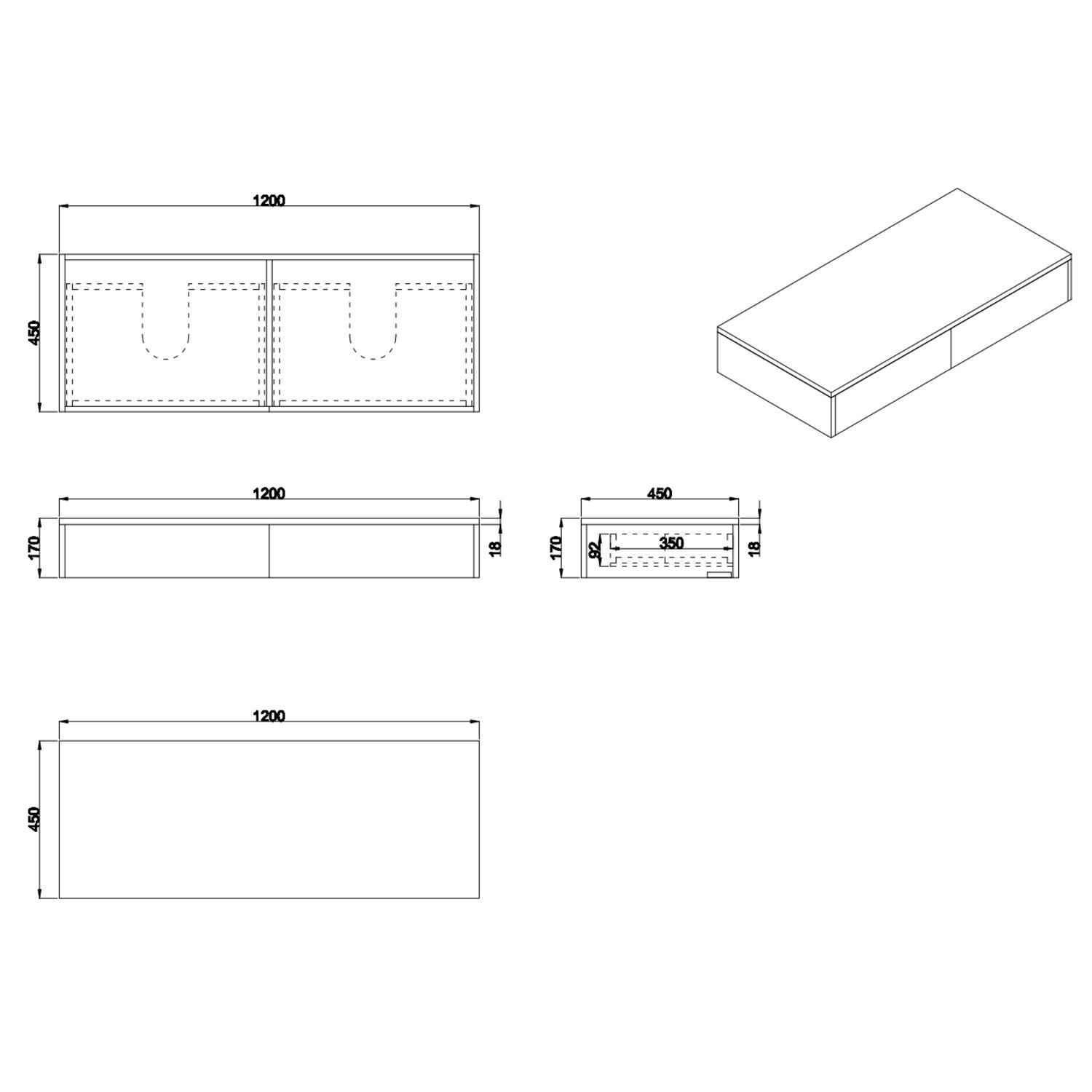 1200mm Black Wall Hung Countertop Vanity Unit with Curved Square Basin ...
